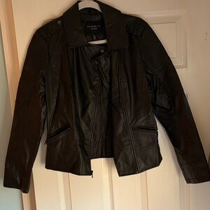 Celebrity Pink Black Faux Leather Moto Jacket with Quilted Shoulders